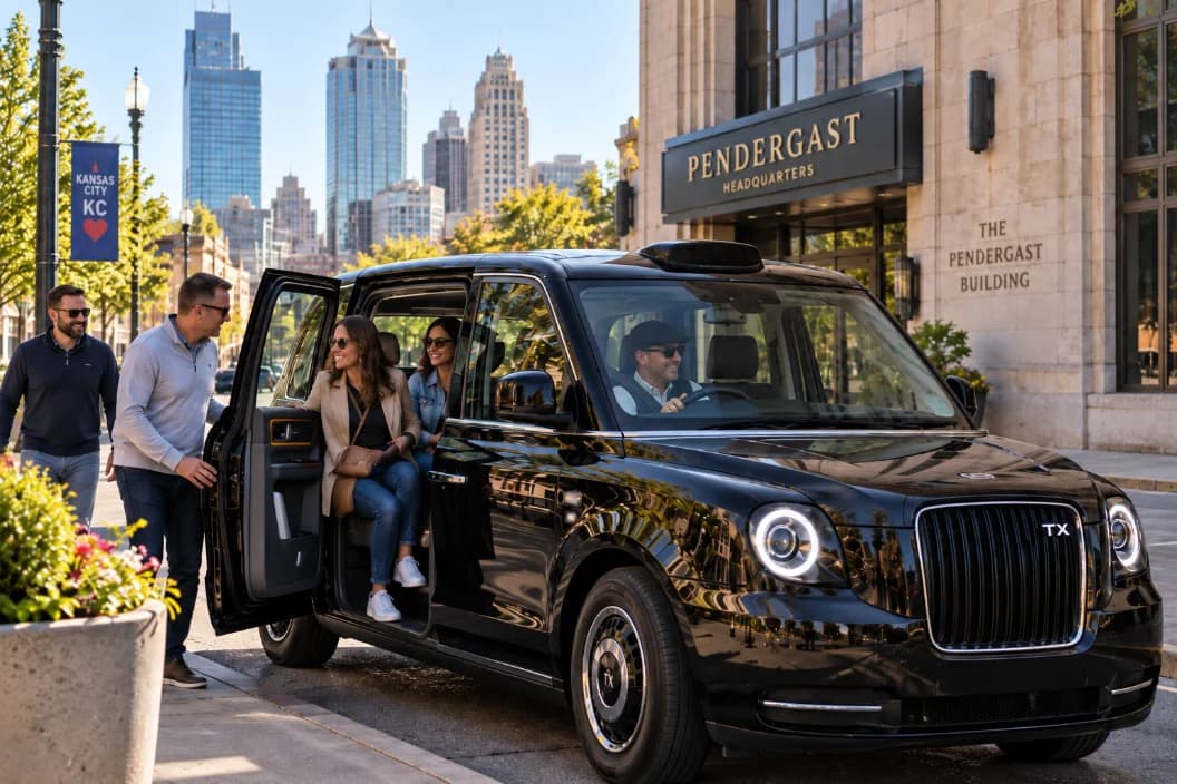 The London Detour cab passing a Kansas City landmark on a private tour