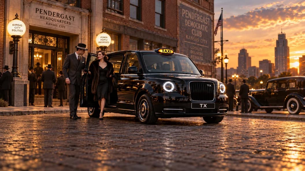 The London Detour cab at a 1930s-style Kansas City stop for the Wide Open Town mystery hunt
