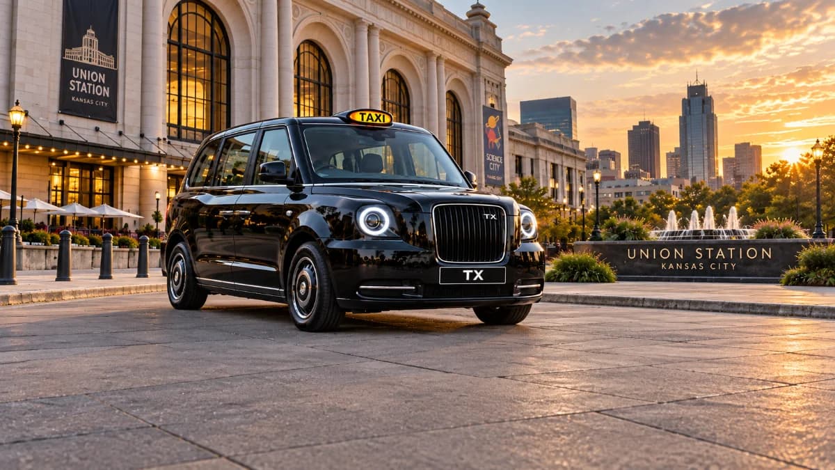 The London Detour's black London taxi outside Union Station in Kansas City at sunrise